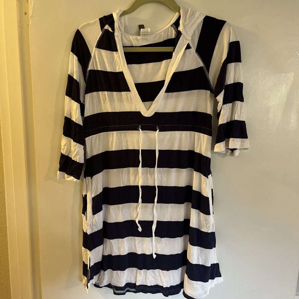 Kenneth Cole Reaction White And Navy Blue Cover Up Dress Striped Sz Small Hooded